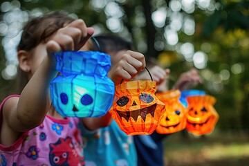 Naklejka premium Kids holding Halloween-themed lanterns