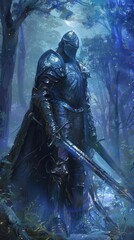 The Knight's Vigil: A lone knight stands guard in a moonlit forest, his armor gleaming under the ethereal glow, a vision of fantasy and valor, phone wallpaper