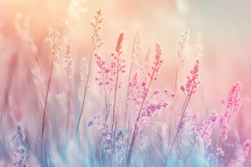 Soft pastel wildflowers swaying gently in a warm sunset glow