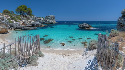 Stunning Coastal View of a Secluded Sandy Beach with Crystal Clear Turquoise Waters and Rocky Outcrops Under a Bright Blue Sky