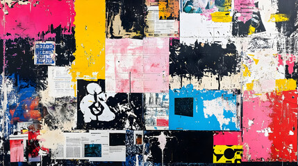 A vibrant collage of mixed media and textures on a wall.