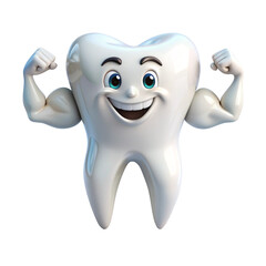 Strong and happy teeth character showing muscles, teeth and 3D transparent background Generative AI