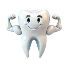 Strong and happy teeth character showing muscles, teeth and 3D transparent background Generative AI