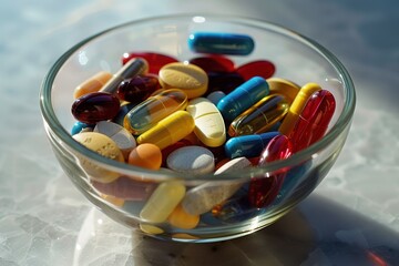 Colorful array of supplement capsules and tablets in a clear glass dish