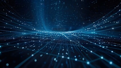 Blue digital background with glowing lines and circles, dark blue, low angle view of an endless grid landscape, network connections in the distance.
