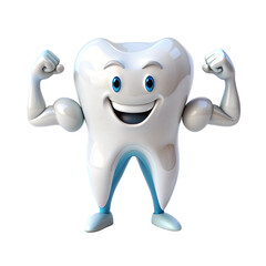 Strong and happy teeth character showing muscles, teeth and 3D transparent background Generative AI