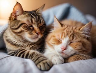 Two Cats Sleeping Peacefully on a Bed