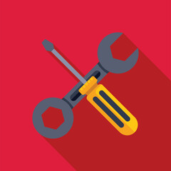 Crossed wrench and screwdriver forming a stylized x shape on a red background with a long shadow