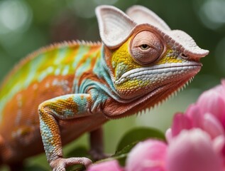 Fototapeta premium A Close-Up of a Veiled Chameleon with Colorful Scales and a Pink Flower in the Background