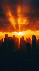 Fototapeta premium Golden Hour Majesty: A breathtaking cityscape bathed in the warm glow of a dramatic sunset, with sunbeams piercing through the clouds, phone wallpaper