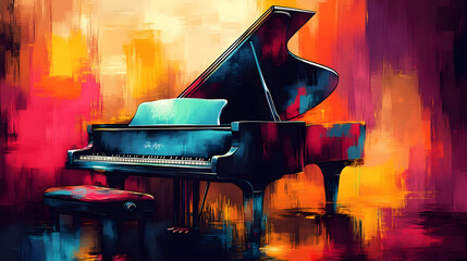 A vibrant grand piano with colorful abstract background.
