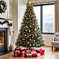 Festive Christmas Tree with Sparkling Lights and Ornaments.