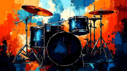 A vibrant illustration of a drum set against a colorful abstract background.