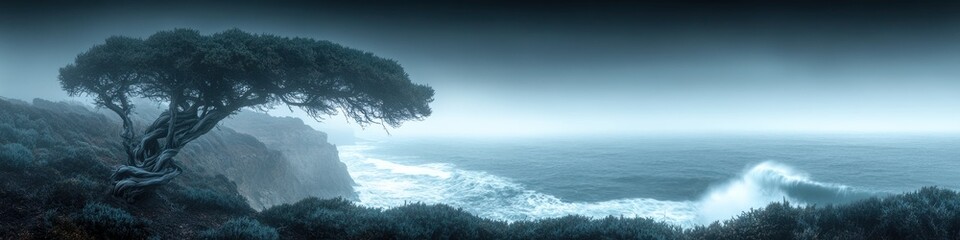 Lone Tree on Rugged Coastal Cliffside Overlooking Ocean Waves in Majestic Dusk Scenery, Ideal for Calming Nature Wallpapers