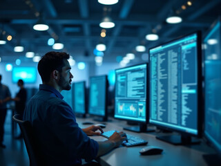 A white professional using a laptop in a high-tech environment with holographic displays, fiber optics, and co-workers in the background.