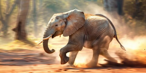 Fototapeta premium Elephant in Motion: Young African elephant charges through dusty savanna, bathed in golden light