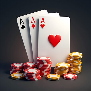 Tres cartas de poker tr&iacute;o de ases junto a unas fichas de casino