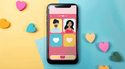 A smartphone displaying a dating app interface with heart icons on a colorful background, symbolizing online dating and connections.