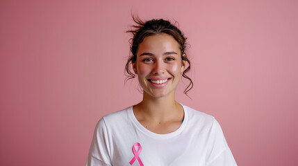 Beautiful woman wearing white clothing with a pinned pink breast cancer awareness ribbon against a pink background