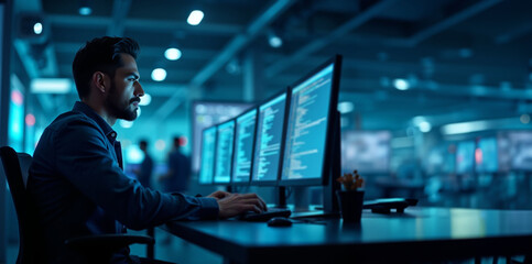 A white professional using a laptop in a high-tech environment with holographic displays, fiber optics, and co-workers in the background.