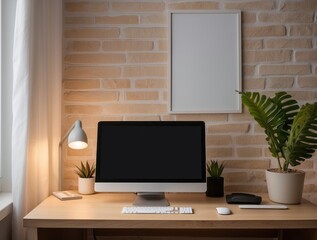 Modern Minimalist Home Office Workspace with a Computer, Lamp, and Plants
