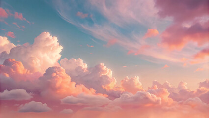 Fluffy white cumulus dance in a boundless pink sky, casting playful shadows on a sun-drenched summer day
