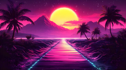 Fototapeta premium A vibrant sunset landscape with palm trees and a reflective pathway.