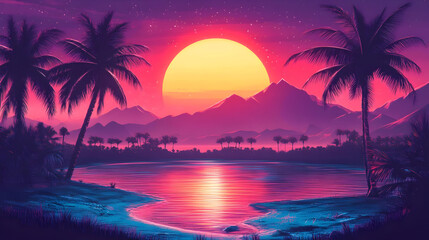 A vibrant sunset over a tranquil lake surrounded by palm trees and mountains.