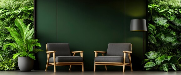 Bright Open Space Interior With Wooden Chairs, Lamp, Grey Couch