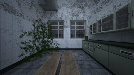 薄暗いダイニングキッチン　3DCGレンダリング