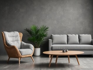 Wicker armchair, grey sofa, and wooden coffee table in minimalist living room