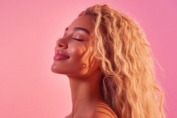 A close up of a woman's face with her eyes closed and long blond hair