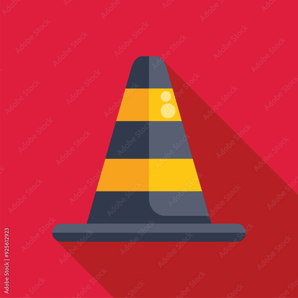 Sticker traffic cone casting a long shadow is standing on a red background