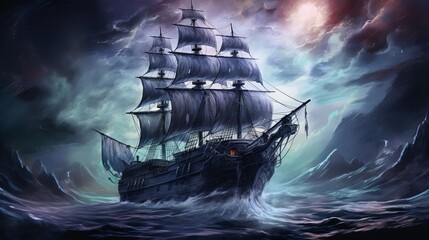 Haunted ship, cracked sails, ghostly crew, eerie waters, Watercolor style