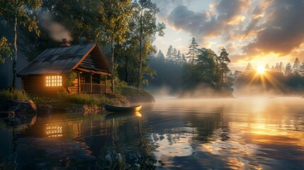 Fototapeta premium beautiful sunrise on a lake with fog surrounded by forest and a cabin