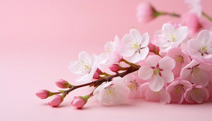 A serene scene of cherry blossoms in full bloom isolated on pink background. Generative AI.