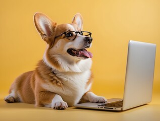A Corgi Wearing Glasses Uses a Laptop