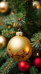 Fototapeta premium Christmas theme design - golden ornaments and pine tree leaves with bokeh lights on background - new year and celebration concept