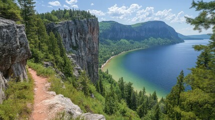 Scenic hiking trail along steep cliffside overlooking pristine blue lake surrounded by lush green forest and distant mountains on a clear day