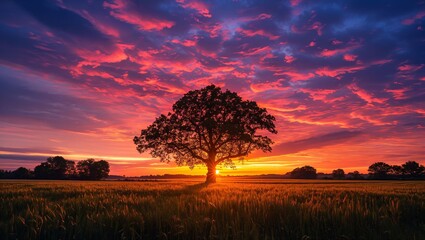 An awe-inspiring sunset casts a vivid palette of oranges, pinks, and purples across the sky above a lone tree standing proudly in a serene golden field.