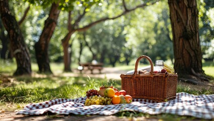 A Beautiful Picnic Spread Under the Sun: Fresh Fruits, a Woven Basket, and Nature's Serenity Await in This Perfect Outdoor Setting for Relaxation and Delight