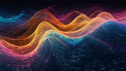 Digital neon waves of light on black dark background, colorful bright lights on seamless textured backdrop design