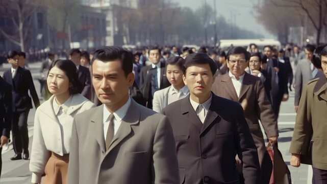 Asian people walking on a street in 1970s