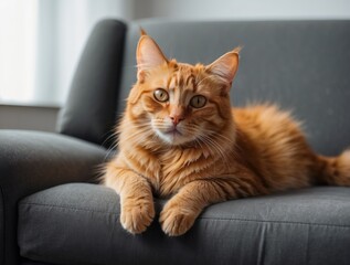 Orange Tabby Cat Relaxing on a Gray Couch