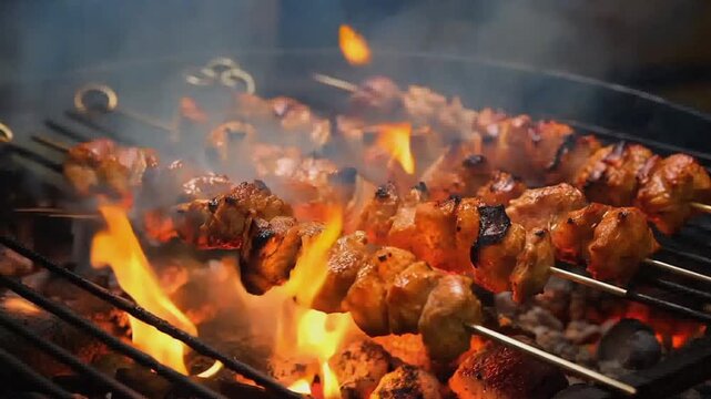 Meat skewers kabob cooking on a grill