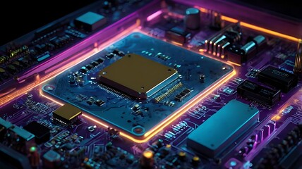 Fototapeta premium Little micochip, cpu, computer, data, technology process new modern hardware