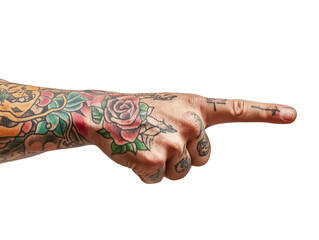 A vibrant, tattooed hand is pointing forward, showcasing detailed floral and artistic designs. Isolated on transparent background.