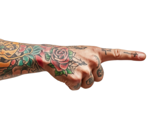 A vibrant, tattooed hand is pointing forward, showcasing detailed floral and artistic designs. Isolated on transparent background.