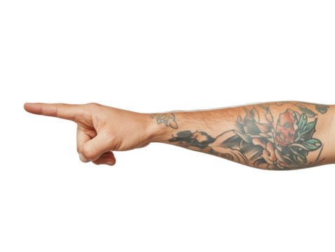 A hand with a vibrant tattoo points outward, emphasizing the arm's intricate designs and clear intent. Isolated on transparent background.