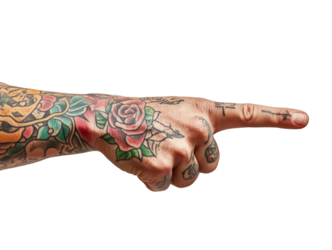 A vibrant, tattooed hand is pointing forward, showcasing detailed floral and artistic designs. Isolated on transparent background.